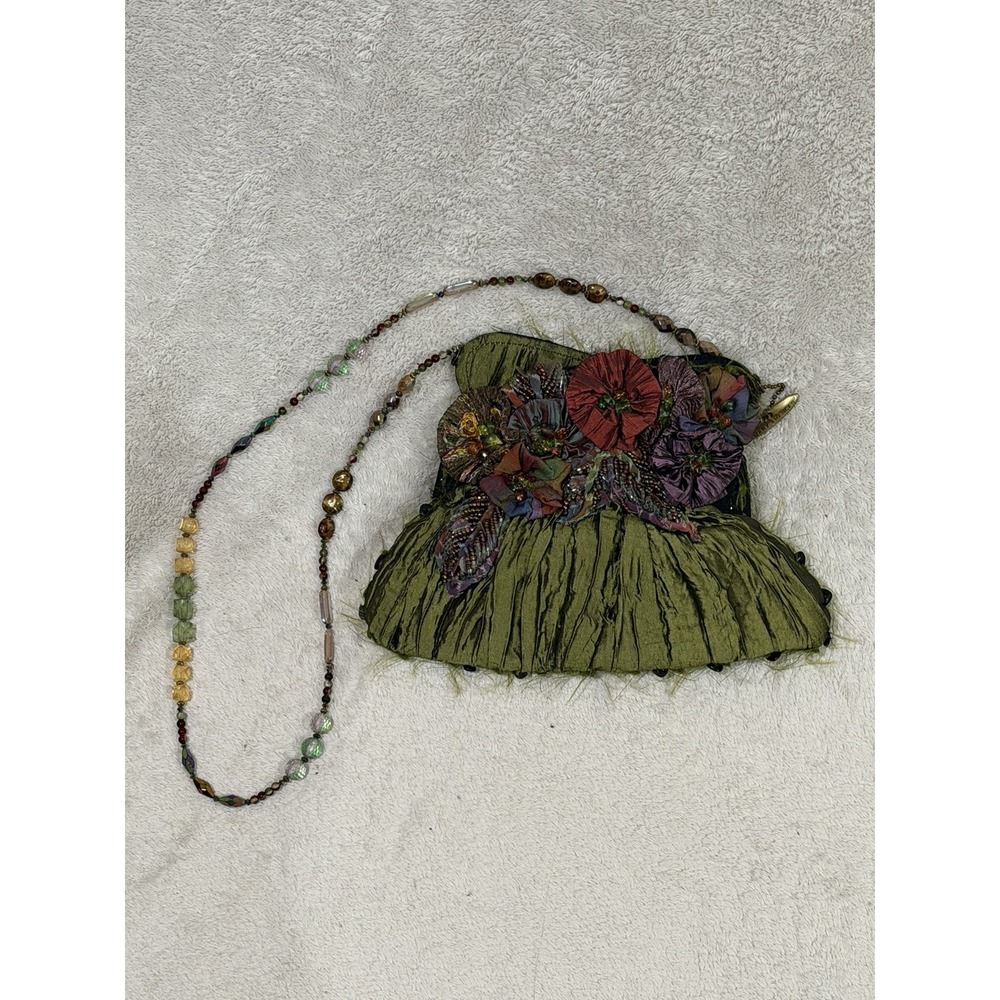 Mary Frances Beaded Green Silk Crossbody Flowers Art To Wear Embellished